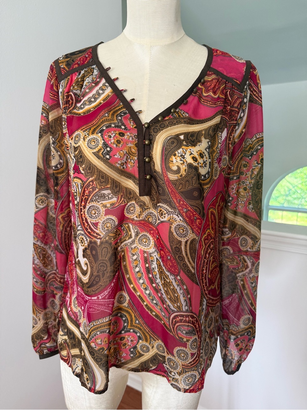 Cache Paisley V-Neck Blouse in Fuchsia and Brown Trim